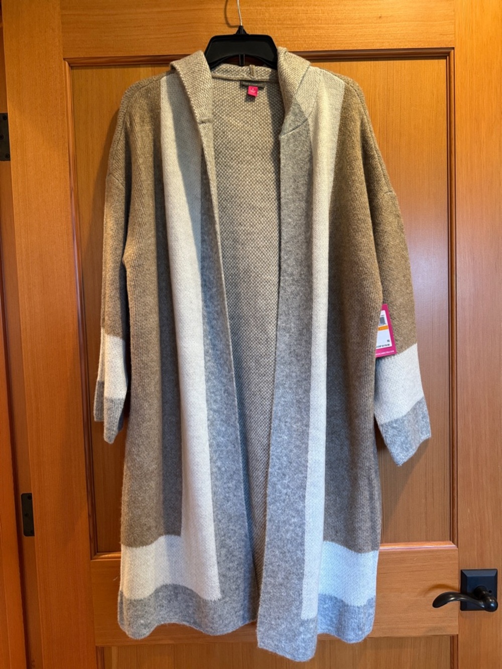 NWT-Vince Camuto Hooded Open-Front Long Cardigan in Taupe & Cream